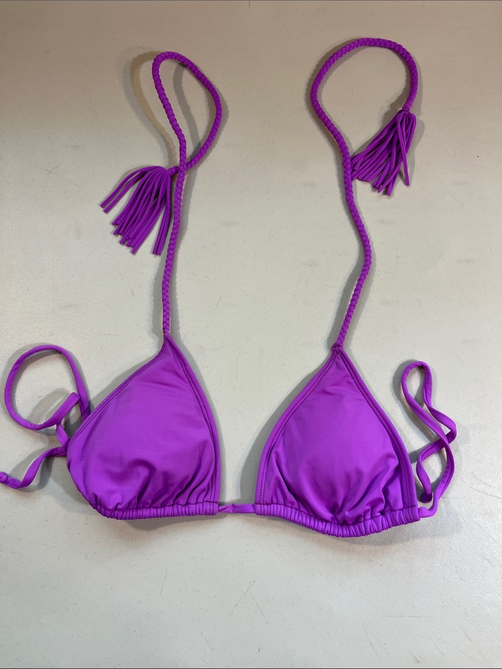 Purple Triangle Bikini Top with Braided Tassel Straps